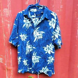Izod Blue Floral Hawaiian Shirt 100% Silk Short Sleeve L
